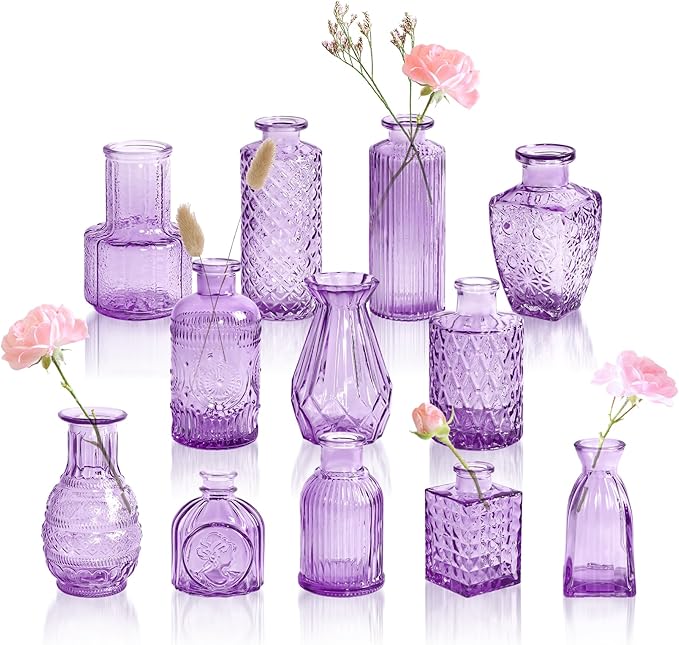 Violet Purple Glass Bud Vases in Bulk 12, Small Vintage Textured Flower Vases for Wedding Centerpieces, Baby Shower, Party Event, Decorative Mini Vase Bottles Set for Flower, Home Table Decor