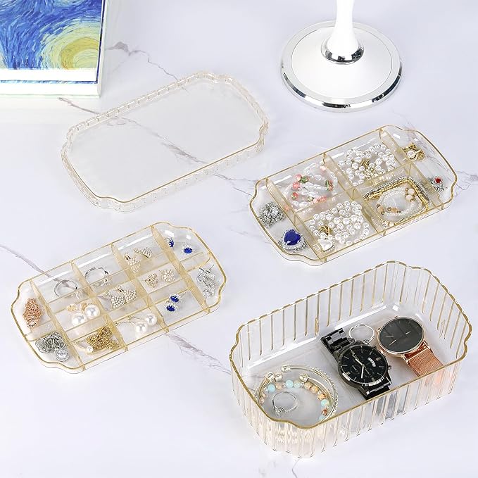 LETURE 3-Layer Jewelry Organizer Box for Earrings, Rings, Necklaces, Bracelets, Clear Plastic Bead Storage Containers for Crafts (Gold)