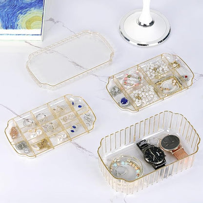 LETURE 3-Layer Jewelry Organizer Box for Earrings, Rings, Necklaces, Bracelets, Clear Plastic Bead Storage Containers for Crafts (Gold)