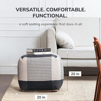 Anji Mountain 100% Handmade & Handcrafted Comfortable Home Décor Pouf Ottoman Footrest for Living Room, Bedroom, Nursery, Kidsroom, Patio Furniture - (20" x 20" x 20"- Black,Ivory)