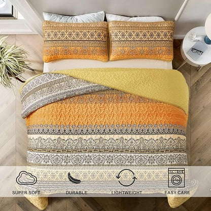 WONGS BEDDING Boho Quilt Set Full Size (90"x78"), Yellow Orange Bohemian Bedspread Lightweight Soft Microfiber Bed Cover for All Season (3 Pieces)