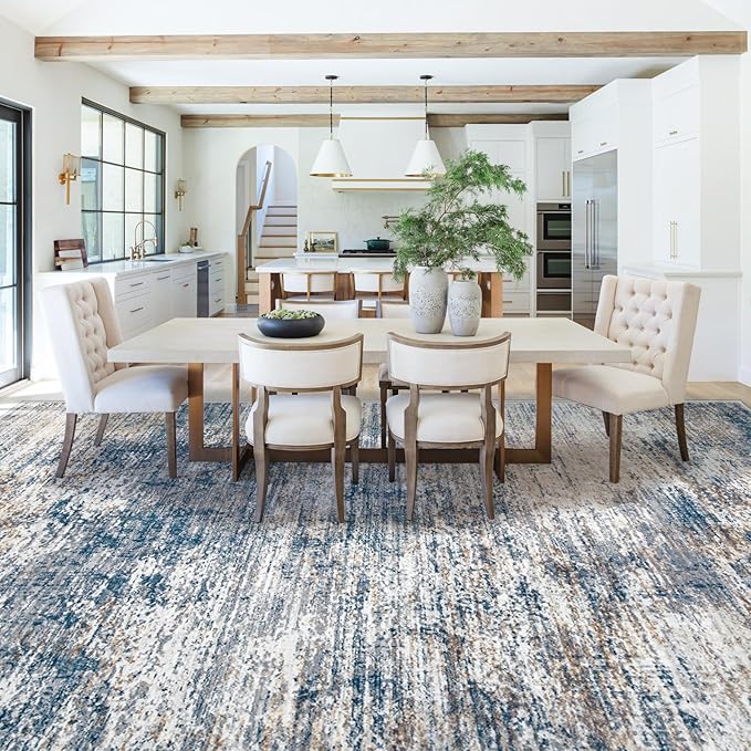 9x12 Area Rug for Living Room, Washable Modern Abstract Large Area Rug Neutral Soft Non Slip Kids Rug Stain Resistant Indoor Carpet for Bedroom Nursery Dining Room Playroom Office(BlueWhite, 9'x12')