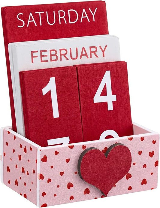Heart Wood Block Perpetual Calendar Valentine's Day Desk Decor Cute Month Week Date Display Decorative Block Calendar for Women Office Home Desk Gift for Women