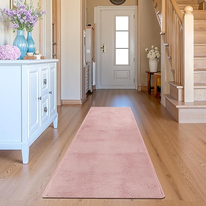 jinchan Solid Plush Runner Rug 2x6 Performance Shaggy Washable Hallway Rug Soft Modern Faux Wool Cozy Non Slip Carpet for Bedroom Laundry Room Living Room Kids Nursery Pink