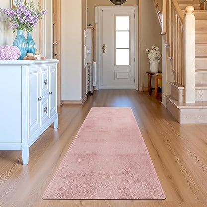 jinchan Solid Plush Runner Rug 2x6 Performance Shaggy Washable Hallway Rug Soft Modern Faux Wool Cozy Non Slip Carpet for Bedroom Laundry Room Living Room Kids Nursery Pink