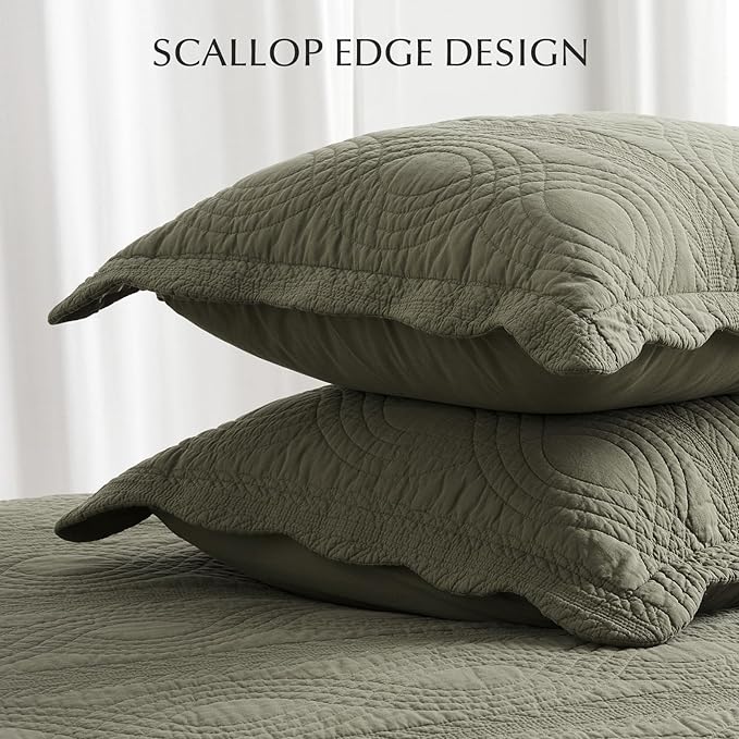 EVERGRACEHOME 100% Cotton Scallop Quilt Set, Queen Size 3 Piece Set – Lightweight Bedspread with 2 Shams, Soft Prewashed Matelasse Coverlet for Cozy and Elegant Bedding, Olive Green