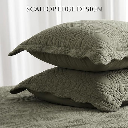 EVERGRACEHOME 100% Cotton Scallop Quilt Set, King Size 3 Piece Set – Lightweight Bedspread with 2 Shams, Soft Prewashed Matelasse Coverlet for Cozy and Elegant Bedding, Olive Green