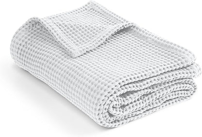 Organic Cotton Waffle Weave Blanket Throw (50" x 60") – Lightweight, Breathable & Soft All-Season Blanket for Couch, Bed, Sofa – Cozy Modern Woven for Beach, Picnic, Travel & Gifts(White)