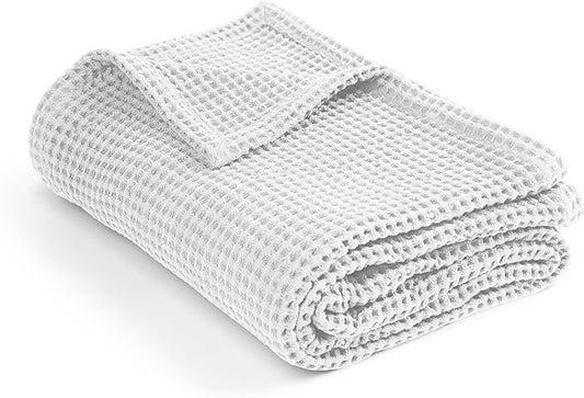 Organic Cotton Waffle Weave Blanket Throw (50" x 60") – Lightweight, Breathable & Soft All-Season Blanket for Couch, Bed, Sofa – Cozy Modern Woven for Beach, Picnic, Travel & Gifts(White)
