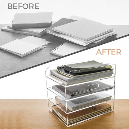 4 Tier Paper Organizer Letter Tray - Acrylic Tray Organizer for Desk, Paper Sorter Organizer for Letter/A4 Office File Folder Holder - Crystal-Clear File Organizer