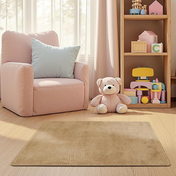 jinchan Solid Plush Area Rug 2x3 Performance Shaggy Washable Rug Indoor Entryway Doormat Soft Modern Faux Wool Cozy Non Slip Carpet for Living Room Kid Room Bedroom Nursery Tan
