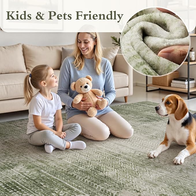 6x9 Area Rugs for Living Room Non Slip Machine Washable Rug Distressed Abstract Soft Indoor Carpet Neutral Boho Rug for Bedroom Dining Room Playroom Office, Green