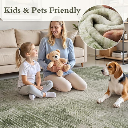 5x7 Area Rugs for Living Room Non Slip Machine Washable Rug Distressed Abstract Soft Indoor Carpet Neutral Boho Rug for Bedroom Dining Room Playroom Office, Green