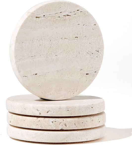 White Travertine Coasters - Set of 4 Round 4” Diameter Drink Marble Coasters for Housewarming Gift, Anniversary, Office - Protect Countertops from Stains - Sturdy and Durable Aesthetics