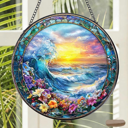 Rngmsi Stained Glass Window Hanging, 7.8″ Clouds and Sea Waves Sun Catchers with Hook Indoor Window Decor, Decorative Suncatchers Hanging Ornaments Home Garden Art Gift for Housewarming