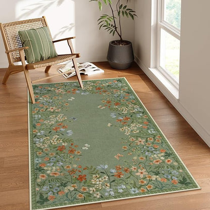Lahome Boho Floral 3x5 Washable Rugs for Entryway Soft Rug for Bedroom,Green Kitchen Rugs Non Slip Washable,Indoor Carpet Throw Carpet for Bathroom Laundry Living Room Foyer(Green,3x5)
