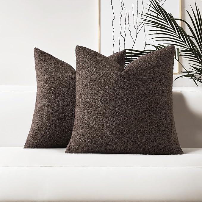 HAUSSY Set of 2 26x26 Decorative Throw Pillow Covers, Soft Cozy Textured Boucle Couch Cases, Home Decor for Couch Bed Living Room, Dark Coffee