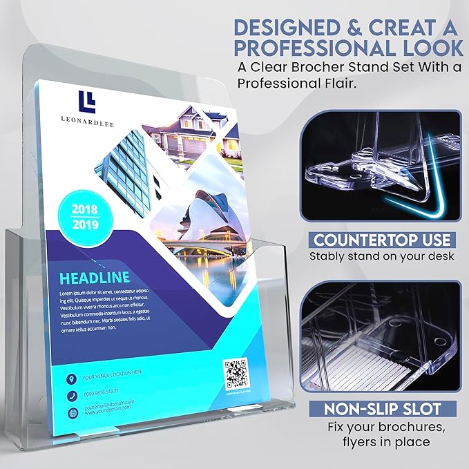 Brochure Holder 8.5 x 11 inch, Acrylic Plastic Literature Holders Clear Flyer Holder Rack Card Holder, Magazine, Pamphlet, Booklet Display Stand Trifold Holder, Desk or Wall Mount Pack of 2