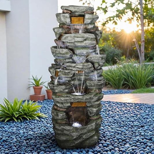 SunJet 79" High Multi-Tiers Cascading Rock Outdoor Water Fountain with LED Lights - Large Outdoor Fountains and Waterfalls for Garden or Patio, Yard, and Deck Decor, Featuring Natural Stone Look