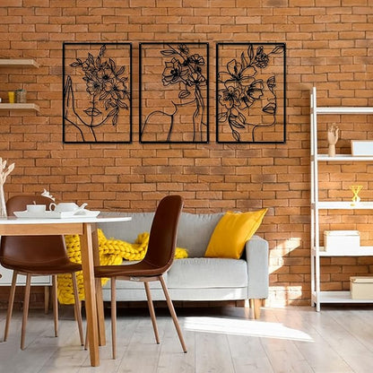 DETENE 3 Pieces Black Metal Wall Decor Minimalist Abstract Metal Wall Art Modern Woman Line Art Decor Single Line Art Décor for Living Room Bedroom Bathroom Kitchen Office(L Size 17 x 11.8'')