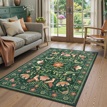 Moynesa 3x5 Kitchen Rug, Modern Cottage Washable Non-Slip Low Pile Area Rug for Bedroom Entryway Entrance Aesthetic,Lightweight Foldable Farmhouse Floral Bird Print Pattern Carpet Retro Home Decor