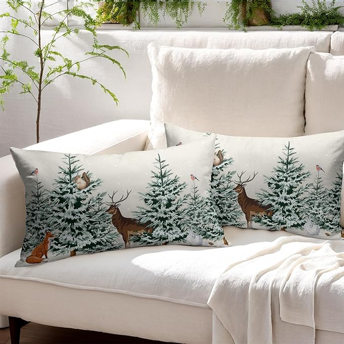 Christmas Tree Lumbar Pillow Covers 12x20 Set of 2 Deer Animal Print Decorative Outdoor Dark Green Xmas Throw Pillow Cases Rustic Winter Holiday Decoration Farmhouse Sofa Couch Cushion Cover Bed Decor