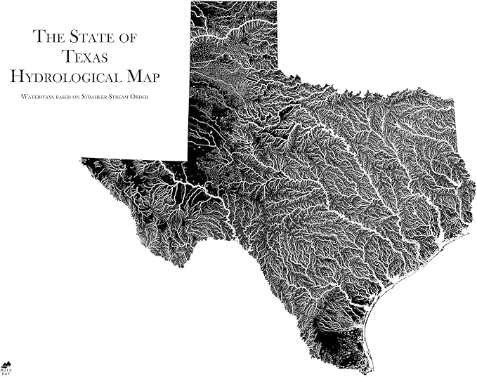 Muir Way Hydrological River Map of Texas - Watershed Topographic Wall Art for Home, Office, or Travel Decor - Unframed Flat Paper Print, 24x30