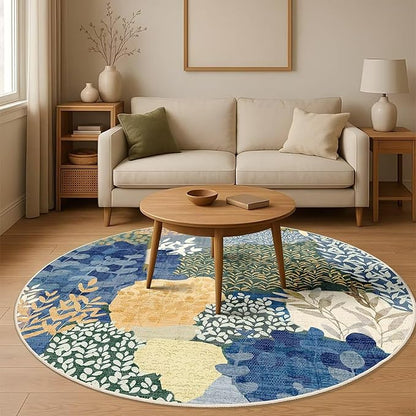 DEXDE Round Rug 6ft Washable Circle Area Rugs Non Slip Low Pile Boho Floral Large Circular Carpet for Bedroom Bathroom Entryway Kids Room Office Dining Room,Blue