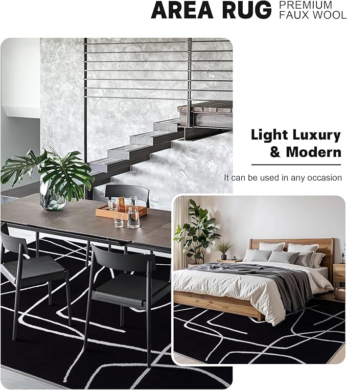 YIHOUSE Modern Washable Area Rug for Living Room Bedroom - Large Abstract Black and White Rug Non-Slip Ultra-Thin Home Decor (Dark Abstract, 8'x10'ft)