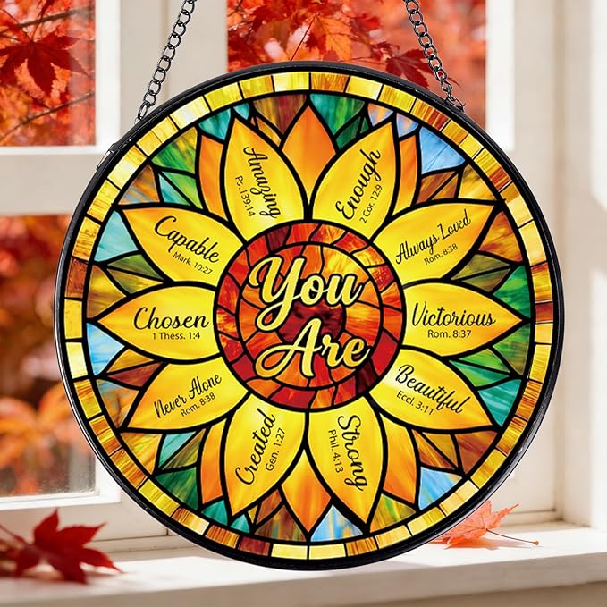 Rngmsi Christian Sunflower Stained Glass Window Hanging, Bible Verse Sun Catcher Gift for Housewarming, Inspirational Religious Suncatchers Gifts for Women Mom Home Decor 8 Inch