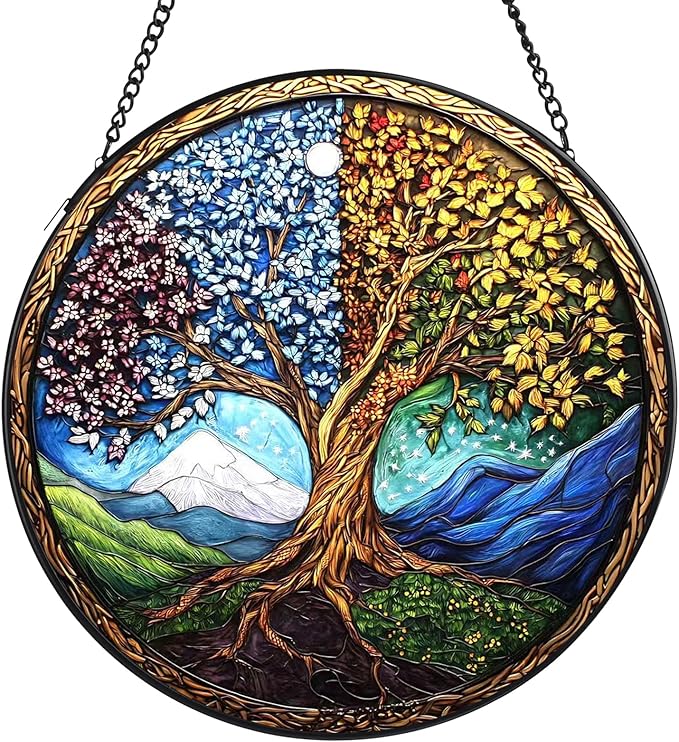Tree of Life Stained Glass Window Hanging, 7.8" Round Sun Catcher Hand Painted Wall Art Decor with Chain, Unique Housewarming Gifts for Couples, Home