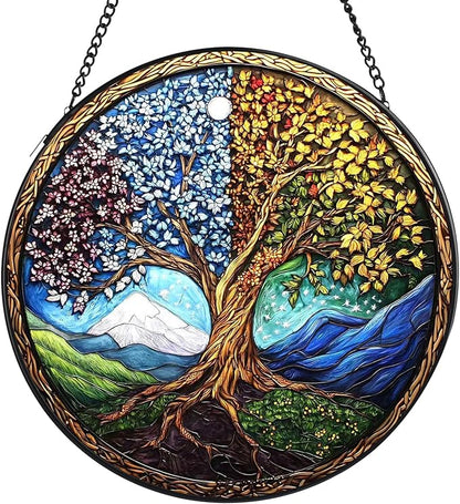 Tree of Life Stained Glass Window Hanging, 7.8" Round Sun Catcher Hand Painted Wall Art Decor with Chain, Unique Housewarming Gifts for Couples, Home