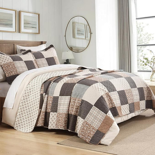 100% Cotton Quilt Set King Size - Plaid Quilted Comforter, Patchwork Reversible King Quilt Bedspread, Modern Farmhouse Lightweight Bedding for King Bed, 3pcs, Beige/Brown/Gray