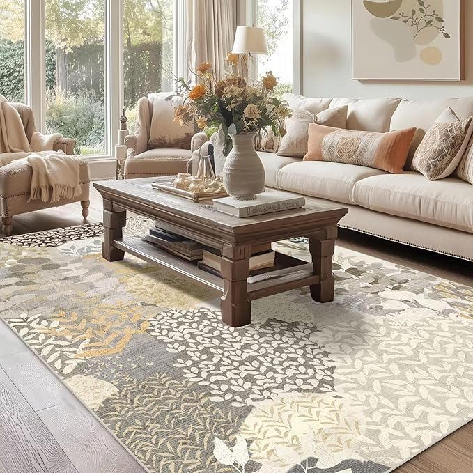 DEXDE Washable Area Rugs 6x9 for Living Room, Floral Large Rug Boho Print Vintage Low Pile Non Slip Carpet for Bedroom Kids Room Nursery Office Dinning Room, Gray