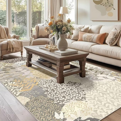 DEXDE Washable Area Rugs 6x9 for Living Room, Floral Large Rug Boho Print Vintage Low Pile Non Slip Carpet for Bedroom Kids Room Nursery Office Dinning Room, Gray