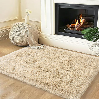 Small Rugs for Bedroom, Fuzzy Throw Rug for Living Room Dorm, Soft Fluffy Bedroom Rug, Non Slip Shag Rugs, Modern Indoor Home Decor Aesthetic, 2x3 Feet, Camel