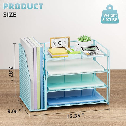 Marbrasse Desk Organizer and Accessories，4-Tier Paper Letter Tray Organizer with File Holder，Desk Accessories & Workspace Desktop Organizers for School Home Office Supplies (Blue)