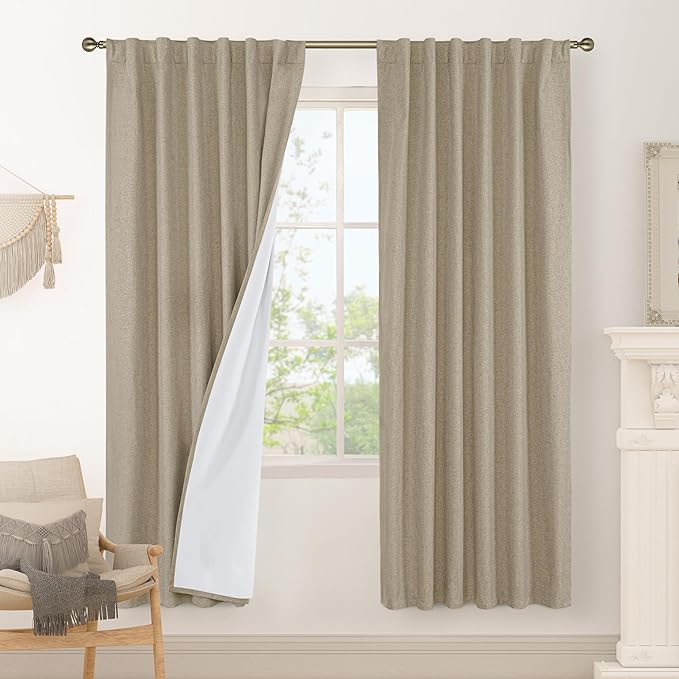 LAMIT 100% Blackout Natural Linen Curtains, 78 Inches Linen Textured Thermal Bedroom Curtains Back Tab and Rod Pocket Neutral Panels with White Liner for Farmhouse, 2 Panels, 52 x 78 Inch, Taupe