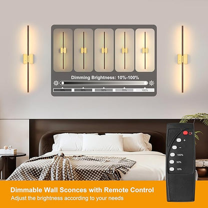 Battery Operated Wall Sconce Single, Walnut Rechargeable Wall Sconce with Remote, Dimmable Sconce Wall Light, 24 Inch LED Wireless Wall Light for Background Wall, Bedroom,Living Room