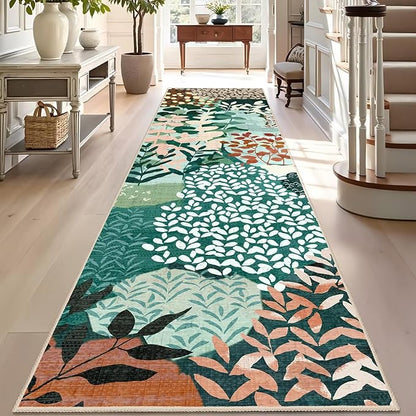 DEXDE Runner Rug 2x8, Washable Hallway Boho Soft Area Rugs Abstract Long Non Slip Leaves Floral Vintage Floor Carpet for Entryway Kitchen Laundry Bathroom Bedroom, Dark Green