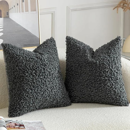 Yaertun Pack of 2 Faux Fur Throw Pillow Covers Decorative Sherpa Boucle Pillow Covers Fuzzy Soft Pillowcases Sheepskin Fleece Cushion Case for Couch Sofa Bed Living Room 26x26 Inch Grey