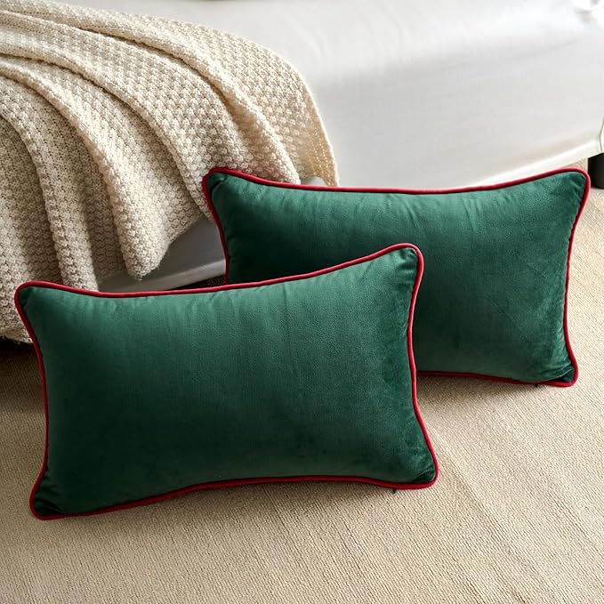 LIGICKY Set of 2 Christmas Dark Green Velvet Lumbar Pillow Covers Modern Minimalist Style Solid Decorative Red Rope Edging Soft Rectangle Cushion Cases for Sofa Bedroom Party Décor, 12 x 20 inch