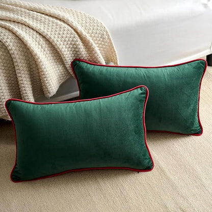 LIGICKY Set of 2 Christmas Dark Green Velvet Lumbar Pillow Covers Modern Minimalist Style Solid Decorative Red Rope Edging Soft Rectangle Cushion Cases for Sofa Bedroom Party Décor, 12 x 20 inch