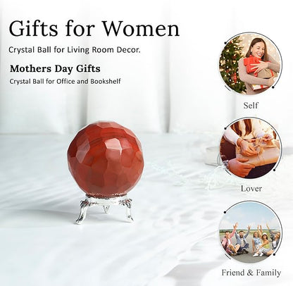 Crocon 50mm Red Jasper Diamond Cut Stone Sphere Ball with Metal Stand 1400+ Carats Gemstone Ball Healing Ornament Rock Sphere Sculpture Figurine for Fengshui Divination Crystal Home Decor Photography