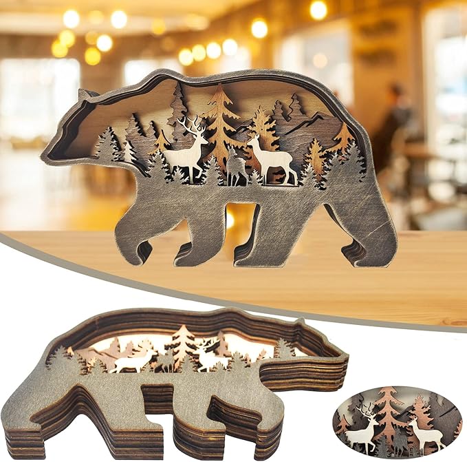 Wooden Bear Art Decor Brown Bear Figurine Rustic Home Shelf Desktop Creative Decorations Multi-Layer Silhouette Crafts