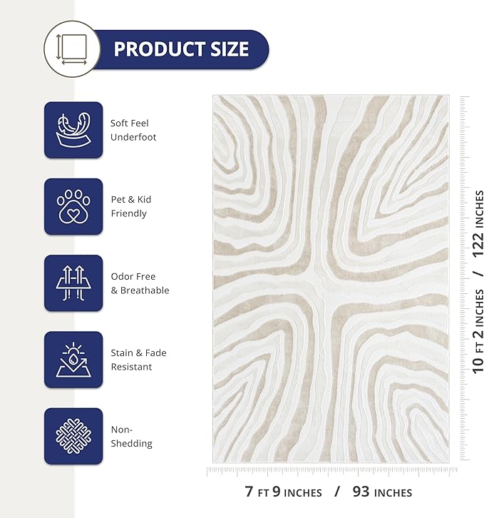 Abani Beige Area Rug - 8' x 10' - Living Room & Bedroom - Abstract Wave Design - Indoor Use - Easy to Clean, Stain Resistant, Non-Shedding - Neutral Collection