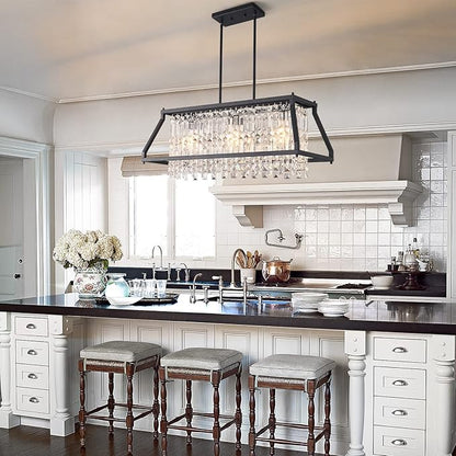LMQNINE Chandeliers for Dining Room, 3-Light Trapezoidal Industrial Dining Room Light Fixture Farmhouse Chandelier Crystal Pendant Lights Kitchen Island Living Room (Black 30.7 inch)