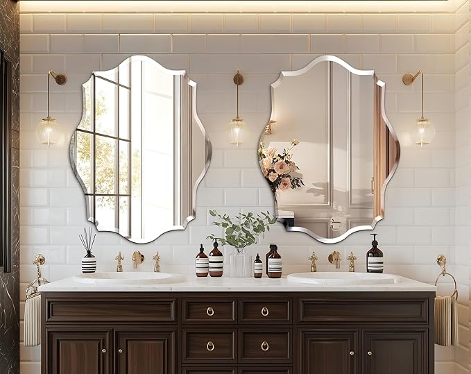 Frameless Scalloped Wall Mirror: Decorative Scallop Oval Mirrored Glass Vanity with Beveled Silver Edge for Bathroom Bedroom Livingroom Dining Room Entryway Hallway, 32 x 24 inch