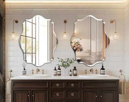 Frameless Scalloped Wall Mirror: Decorative Scallop Oval Mirrored Glass Vanity with Beveled Silver Edge for Bathroom Bedroom Livingroom Dining Room Entryway Hallway, 32 x 24 inch