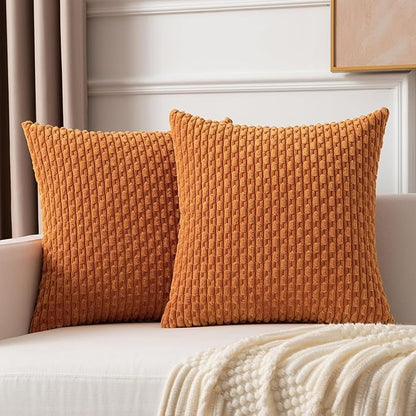 Kevin Textile Fall Throw Pillow Covers Soft Corduroy Decorative Set of 2 Boho Striped Pillow Covers Pillowcases Farmhouse Home Decor for Couch Bed Sofa Living Room 22x22 Inch Orange Yellow